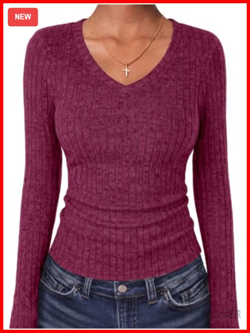 Long Sleeve Ribbed Fitted Sweater Top Slim Fit V-Neck